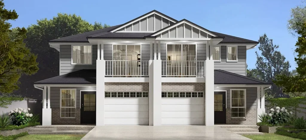 Side-by-side duplex designs in Melbourne with separate entrances and a modern facade by Destin Constructions